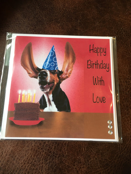 Happy Birthday with Love Bassett Hound flying ears card