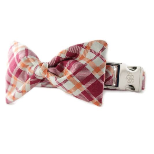 Raspberry and Orange Plaid Bow Tie Dog Collar Large